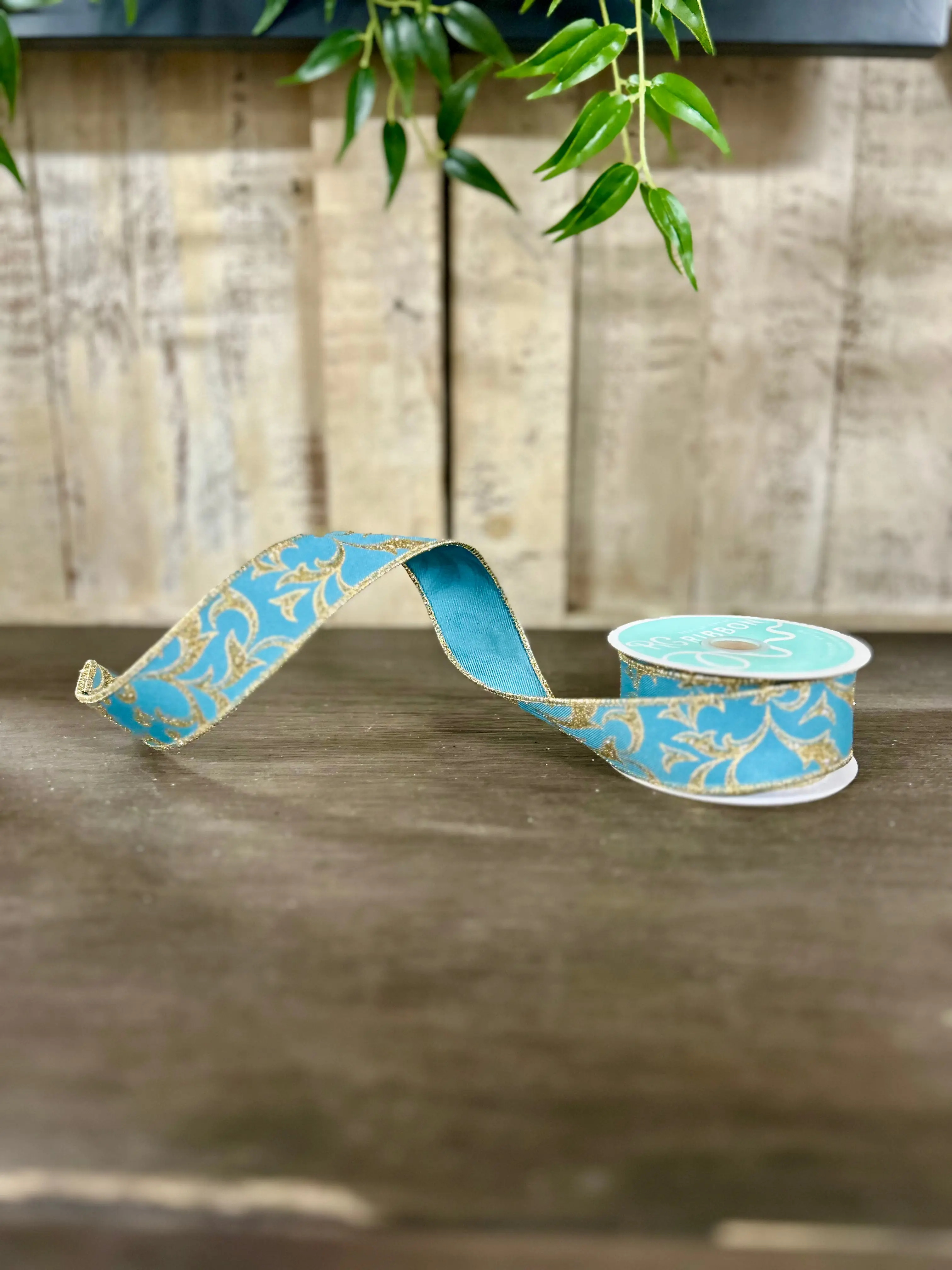 1.5 Inch By 10 Yard Smoke Blue And Gold Acanthus Leaf Ribbon