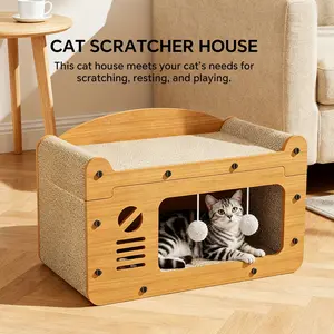 Indoor cat scratching board house, sturdy frame 2-in-1 cat furniture, resting bed and scratching post, large cardboard cat hiding place with teasing toys