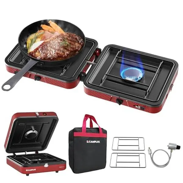【Summer Deals】CAMPLUX FoldGo 2-Burner Camping Stove, 17,200 BTU Portable Foldable Gas Stove w/ Carry Bag – Fast Ignition for Camping, RV & Backyard Picnic Cooker