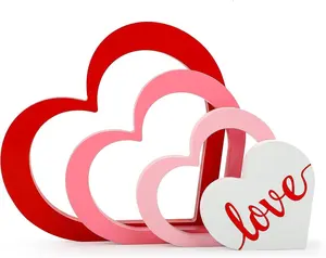 Wooden Hearts Valentine's Day Decorations Indoor, Wood Heart Blocks Tiered Tray Decor Set of 4, Red Pink White Valentine Decoration for Table Desk Home Party Office Shelf Door (Solid Color)