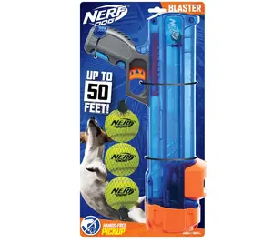 Nerf Dog Tennis Ball Blaster Dog Toy Gift Set, Tennis Ball Dog Fetch Toy Launches up to 50 ft, Dog Ball Thrower for All Breeds Includes Translucent Blue Tennis Ball Launcher and 3 Dog Tennis Balls
