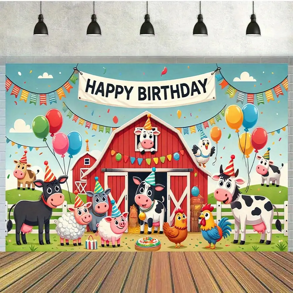 1pc 2D Flat rm Animal Birthday Party Backdrop - Vibrant Polyester Photo Background with Barn Cows Chickens & Balloons for Home Garden or Yard Celebrations Multi - Purpose Wall Hanging Decoration N