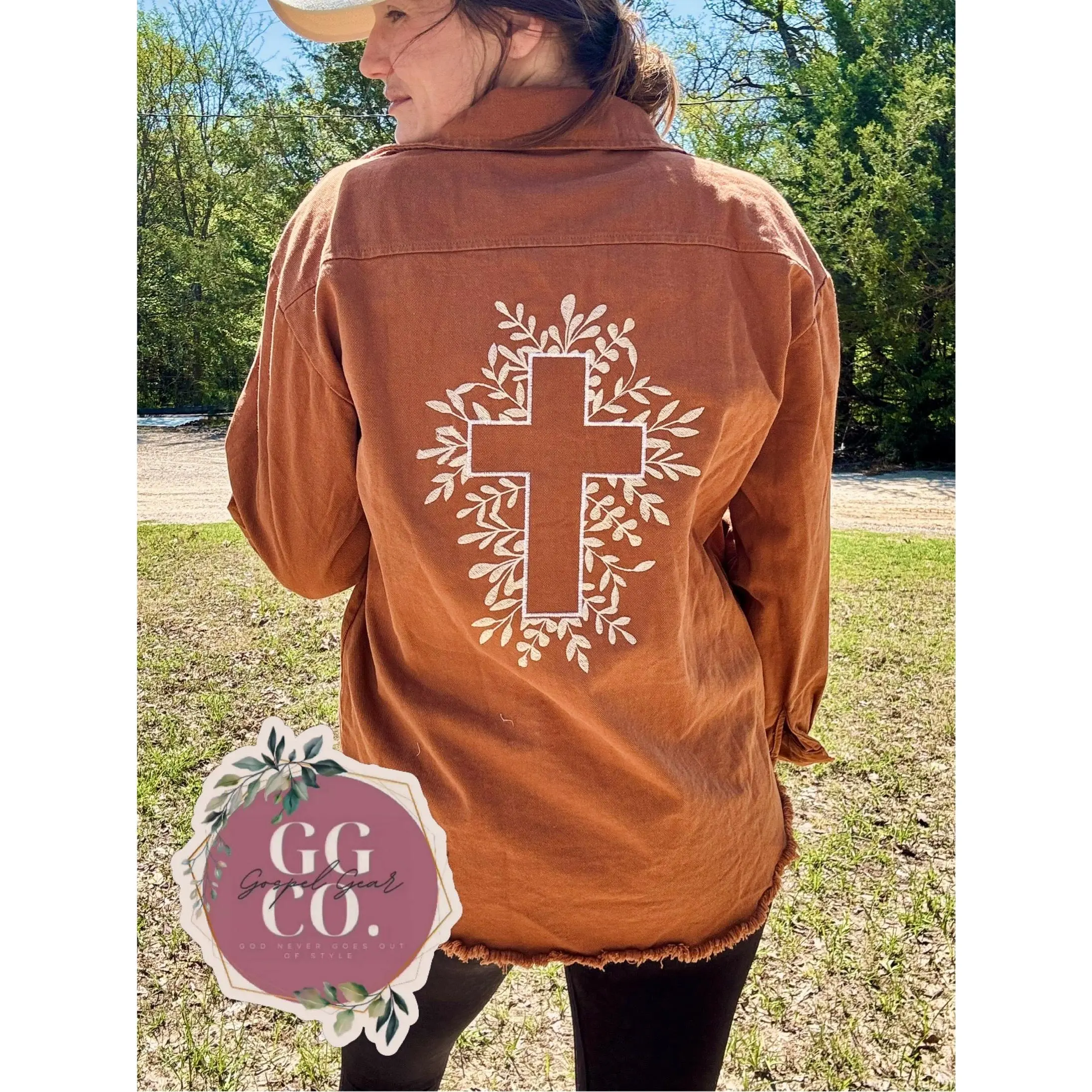 Floral Cross Embroidered Brown Denim Jacket, Embroidered Jacket, Christian Denim Jacket, Christian Gift