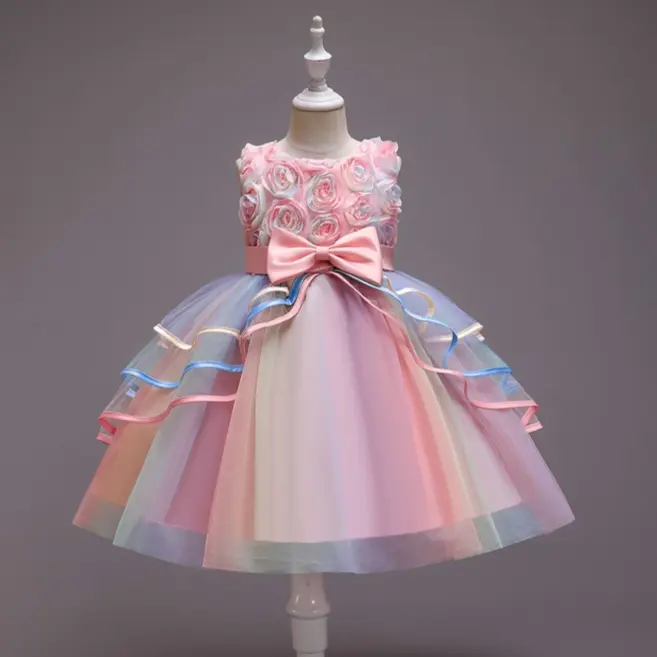 Elegant Princess Dress for Girls Flower Pageant Princess Party Tulle Dress Children's Birthday Cosplay Unicorn Rainbow Dress Halloween Party Costume for Kids 4 to 10 Years