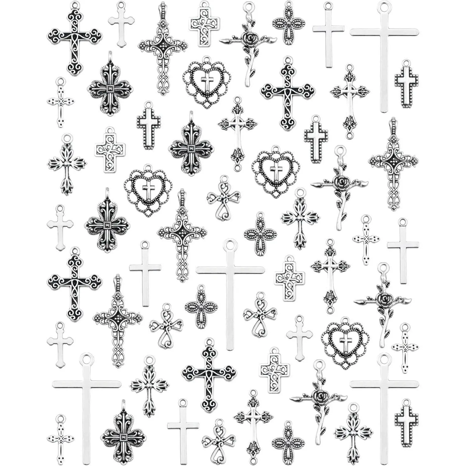 X-BY120 60 x Cross Charm Pendants - 60 Pcs Antique Silver Alloy Crucifix Connectors with Beads, 15 Styles for Unisex Jewelry Making (Religion, Graphic, Durability & Reliability, Resist Deformation)