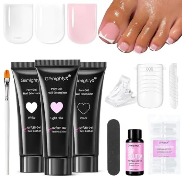 GlimightyX Polygel Toenail Kit, Clear White Pink with Toe Dual Nail Forms