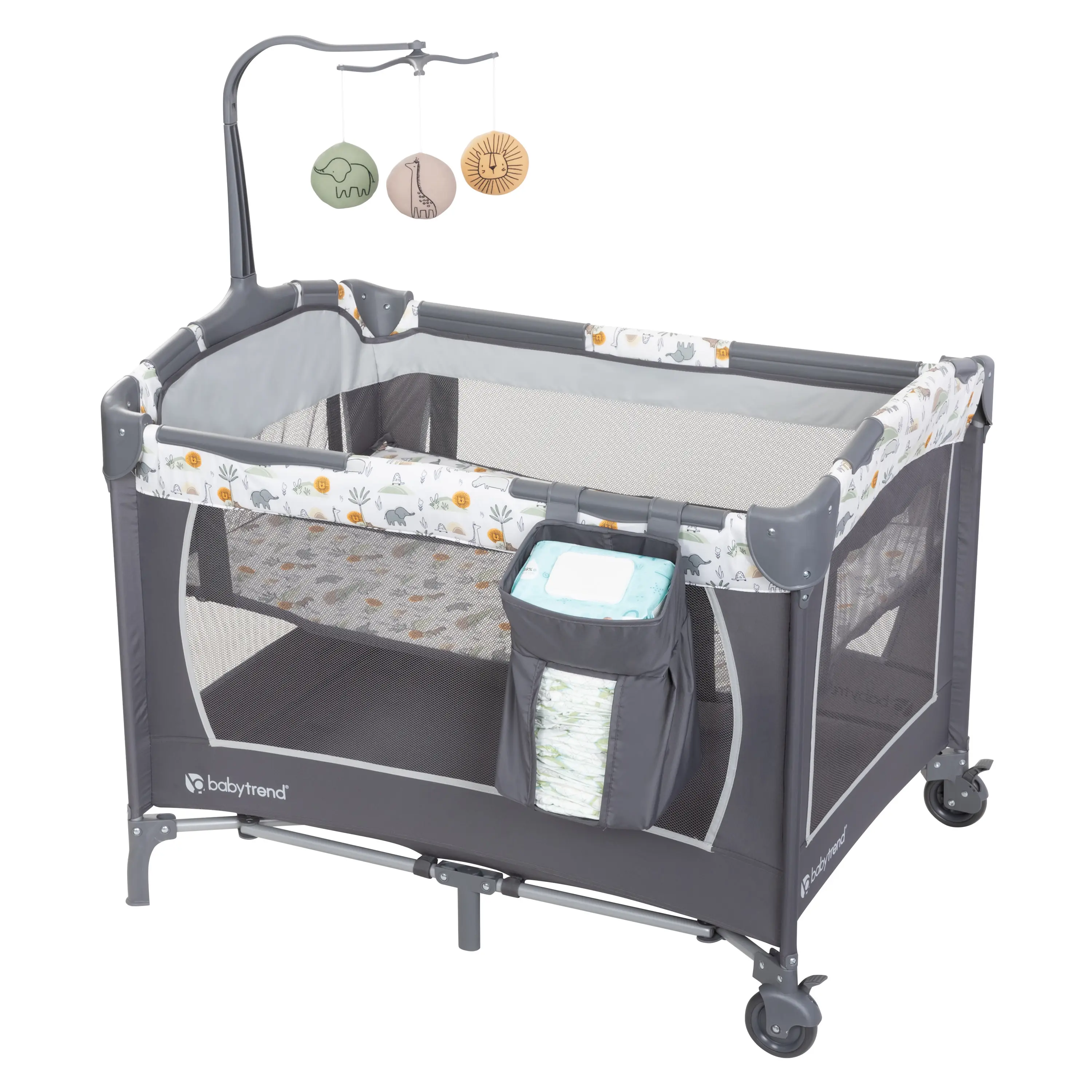 Baby Trend Playard For Newborn Care Nursery Center Foldable Safety Playpen Mechanism Hanging Animal Toys Grey, Unisex, Eye-Hand Coord., All-In-One Solution, Easy Mobility And Safety
