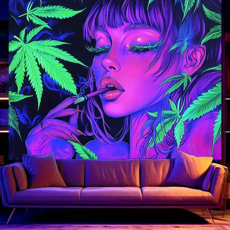 Girls' UV Blacklight Graffiti Neon Durable Decorative Tapestry - 1pc 78.74x59.05in 2D Flat Wall Hanging Banner, Polyester Fits, Luminous Glow in the Dark Indoor Living Room Aesthetic Home Decor, Girl Room Accessories, Bedroom Dorm Decor
