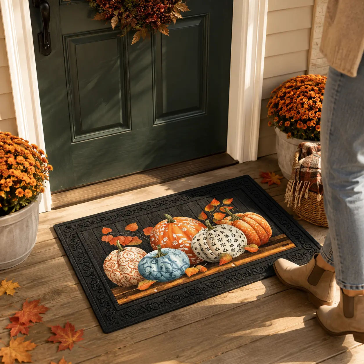 Elegant Pumpkin Fall Doormat, 30x18 in Waterproof Non-Slip PVC Doormat for Front Porch