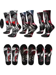 Harajuku-style anime gothic socks (3 pairs) with dark fantasy character prints featuring red eyes and skulls | Cool anime-inspired unisex socks. Comfortable, breathable, and warm. Perfect for everyday wear, home, and travel. Perfect for cosplay gift socks