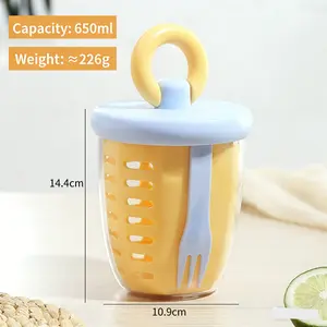 Portable Salad Fruit Cup 650ML with Fork and Strainer Basket, Leakproof Fruit Container for Healthy Meal Prep, Portable Breakfast and Snacks