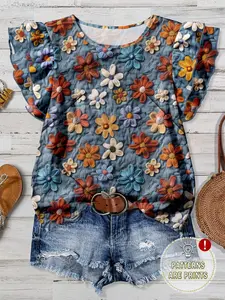 Elegant Vintage Floral Pattern Shirt, Women's Summer Casual Loose Fit Blouse, Round Neck Double Layer Sleeveless Top