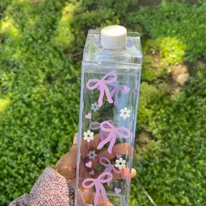 Coquette bows milk carton - 17 oz water bottle - reusable - BPA free - milk carton bottle - Bows -  Plastic Bottled Beverage - milk carton water bottle - aesthetic - water container - trendy- Drinkware Silicone Washable Cup Portable Tumbler Mug Lid Straw