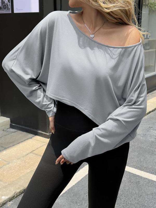 Fisoew Womens Off Shoulder Cropped Tops Batwing Long Sleeve Loose Fit Summer Boat Neck Workout T Shirts