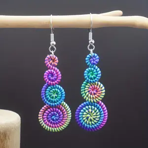 1 Pair of Vintage Fashionable Versatile High-End 2.56in Blue and Multicolored Handmade Metal Wire-Wrapped 4-Layer Rainbow Earrings, Original Design Bohemian Style Ear Hooks, Suitable for Street Parties, Home Leisure,  for Women and Men's Ear Jewelry