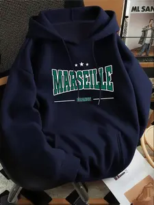 Men's Fleece-Lined Hooded Sweatshirt, MARSEILLE Print Design, Casual, Daily Wear, Sports, Soft & Comfortable Fabric, Kangaroo Pocket, Fashionable & Versatile, New Autumn & Winter Hoodie