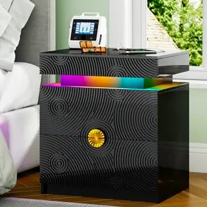 Dystler Night Stand - with Lockable Gun Drawer, LED Nightstand with Charging Sation,Smart Bedside Table with 24 Color Lights,Glass Top End Table with 3 Drawers,Bedroom