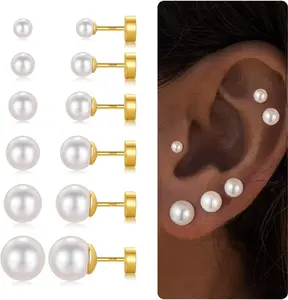 Pairs Hypoallergenic Silver-Plated Flat Back Earrings for Women,Stud Cartilage Earrings for Sensitive Ears Cubic Zirconia Ball Earring Screw Back Helix Conch Piercing Sets Trendy Jewelry Gifts