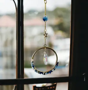 Crystal Sun Catchers with Blue Beads, Gold Rings, and Unique Crystal Accents