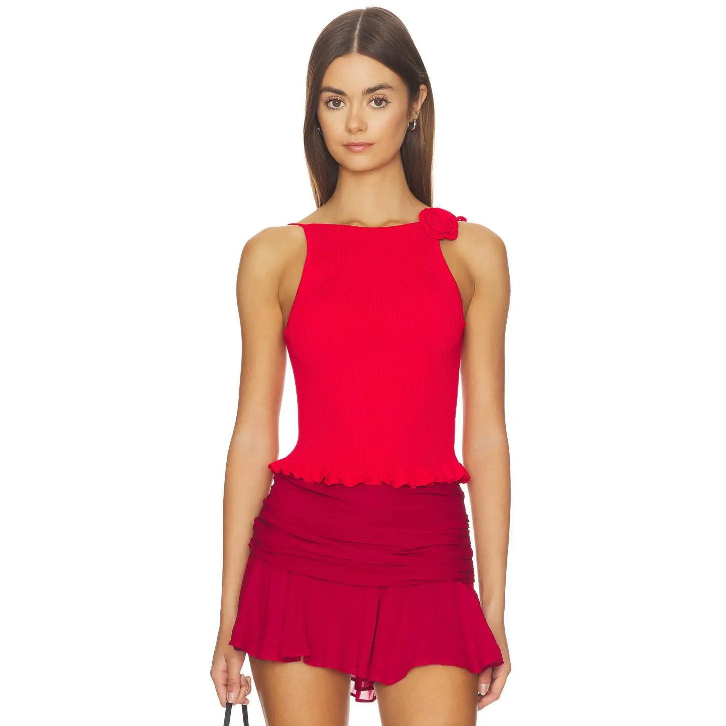 MAJORELLE Kamilla Crochet Flower Tank in Red