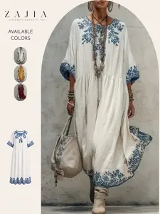 Women’s Boho Embroidered Maxi Dress, Vintage Floral Print, Loose Fit Kaftan, Flowy Beach Vacation, Stylish Summer Wear