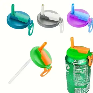 Reusable Soft Drink Can Lids, 4 Colors, Designed for Drinks Juice and Soda, Includes 2 Straws, Durable Reusable Lid, Drinkware Lid