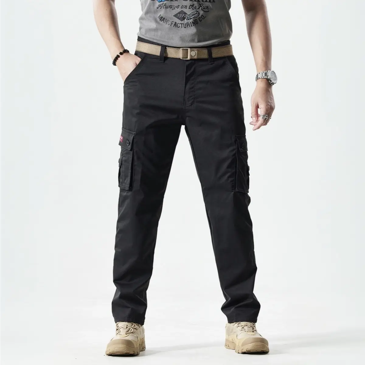 Men's Fitted Plain Solid-Color Straight-Leg Utility Khakis, Multi-Pocket Pants for Casual Everyday Wear, Ideal Father's Day Gift, All-Seasons Menswear Trousers