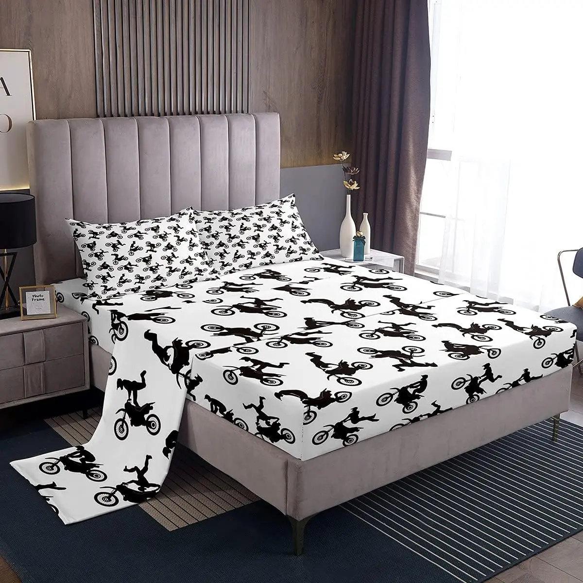 Feelyou Motocross Rider Microfibre Bedding Set - Extreme Sports Dirt Bike Themed Decor, Durable King Bedsheets Set, Soft Breathable, Machine Washable for Home Use