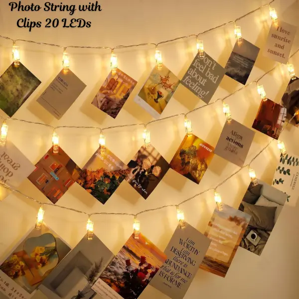 20 LED Photo Clip String Lights, Battery Operated Fairy Lights with Clips, Warm White Photo Display Lights for Bedroom Wall, Christmas, Wedding, Birthday & Party Decor