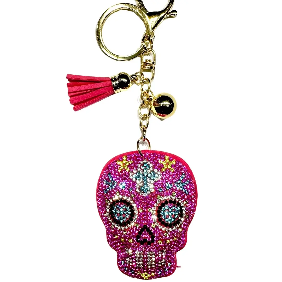 Skull Face Pink Bling Keychain, Rhinestone design, Tassel Decor Sport Keychain for Men, Women, Kids Bling Backpack Keyrings, Purse Charms