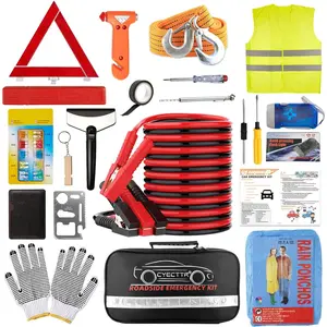Car Roadside Emergency Kit,Auto Vehicle Truck Safety Emergency Road Side Assistance Kits with Jumper Cables,Safety Hammer,Reflective Warning Triangle,Tire Pressure Gauge,Tow Rope etc