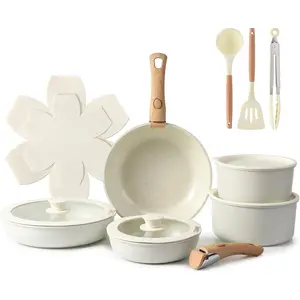 15PCS Ceramic Cookware Sets Detachable Handle Pots and Pans Set Non Stick (White)