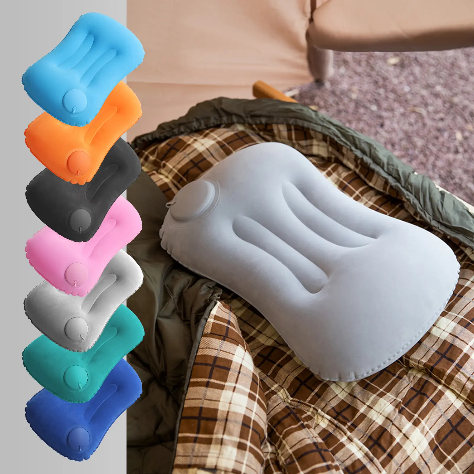 2 Pack Camping Inflatable Pillows Bolster, Portable Foldable PVC Plush Cushions, Travel Neck Rest Cushion, Perfect for Outdoor Adventures & Lunch Breaks