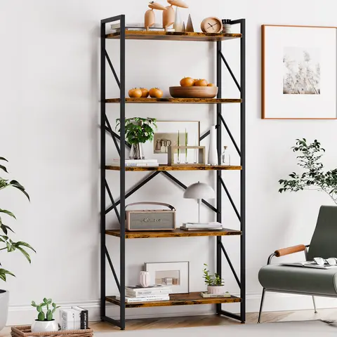 Walsunny 5 Tiers Tall Bookshelf, Artsy Modern Bookcase, Open Display Storage Rack Shelves Book Holder Organizer for Movies in Home/Office,Rustic Brown