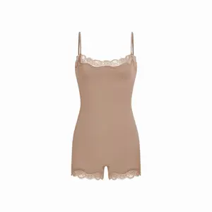Cider Jersey Square Neck Lace Trim Mid Rise Loungewear Romper Cider Jersey Square Neck Lace Trim Mid Rise Loungewear Romper