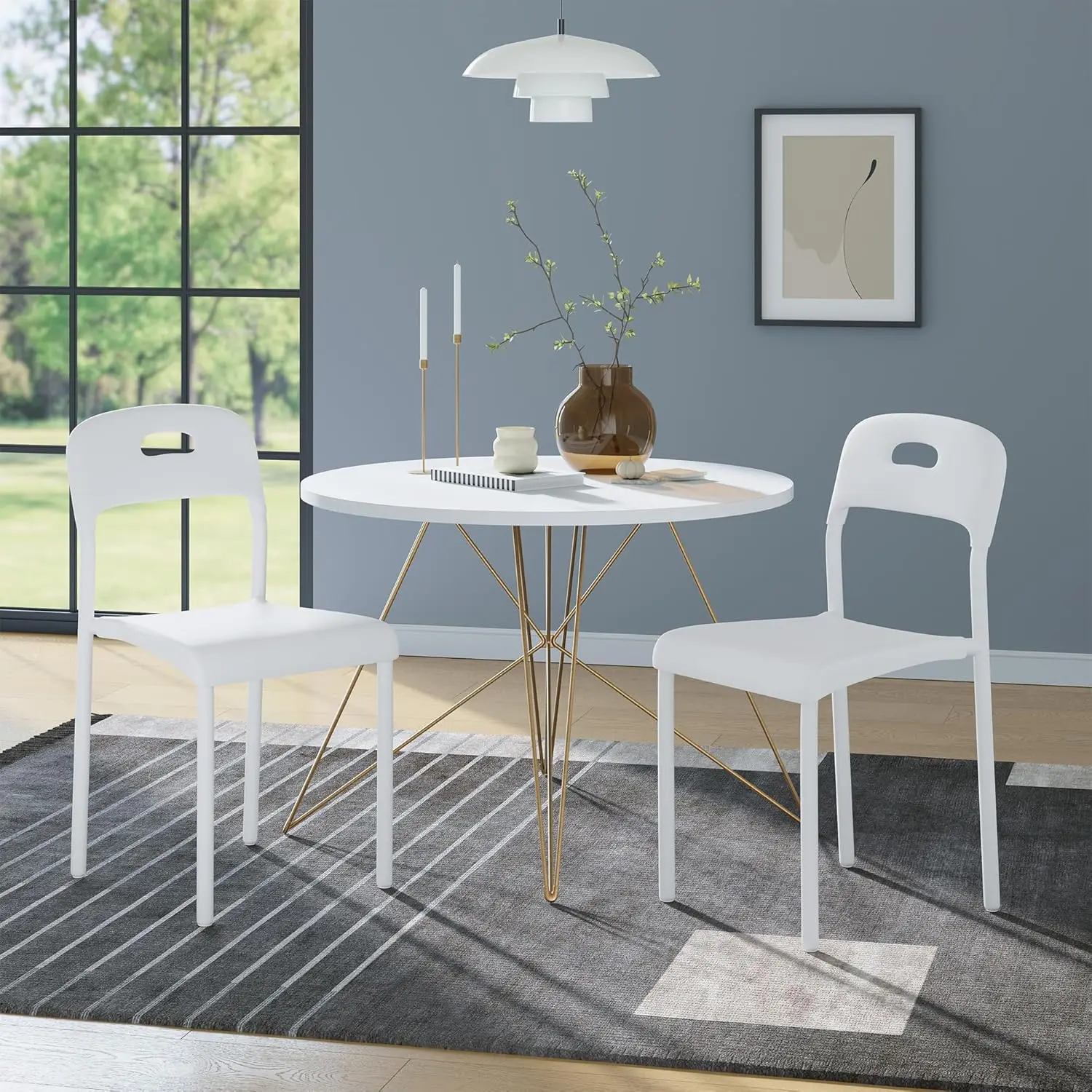 Gaomon Stackable Chic Comfortable Plastic Dining Chairs Set of 2, Patio Chairs with Metal Legs, Waterproof, Stain-Resistant, Easy Assembly, for Indoor Kitchen & Outdoor Dining Room Use, White, Patio Chair, Chic Dining Chairs