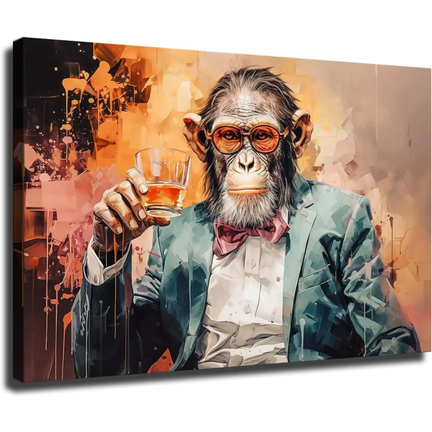 Monkey Gentleman Wall Art, Chimp in A Suit with A Glass of Whiskey Funny Framed Poster, Abstract Painting Canvas Wall Decor for Living Room Ready To Hang (Framed,24*36-inch)