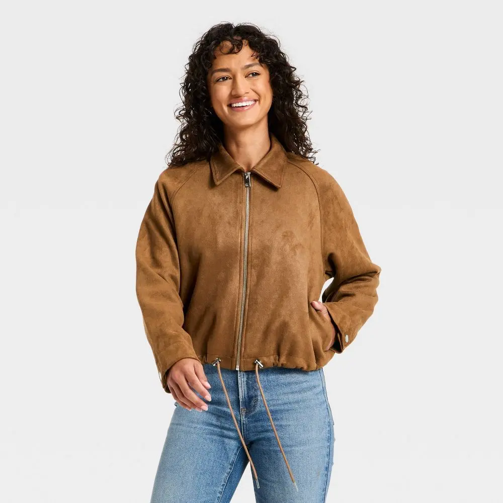 Women's Suede Bubble Bomber Jacket - Polyester Garment with Universal Fit, Casual Everyday Wear