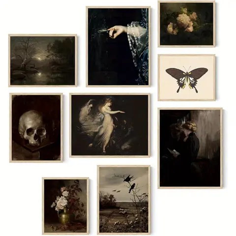 9pcs 8*10inch Frameless Dark Academia Room Decor Wall Art Prints Decorative Art Aesthetic Goth Victorian Ladies Floral Antique Gallery Wall Decor Wall Art Decoration for Home Living Room Bedroom