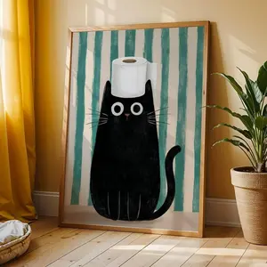 [SALE UP TO 50% + FREE SHIP] Funny Black Cat Bathroom Poster – Cute Toilet Paper Cat Wall Art, Minimal Bathroom Decor, Funny Cat Print
