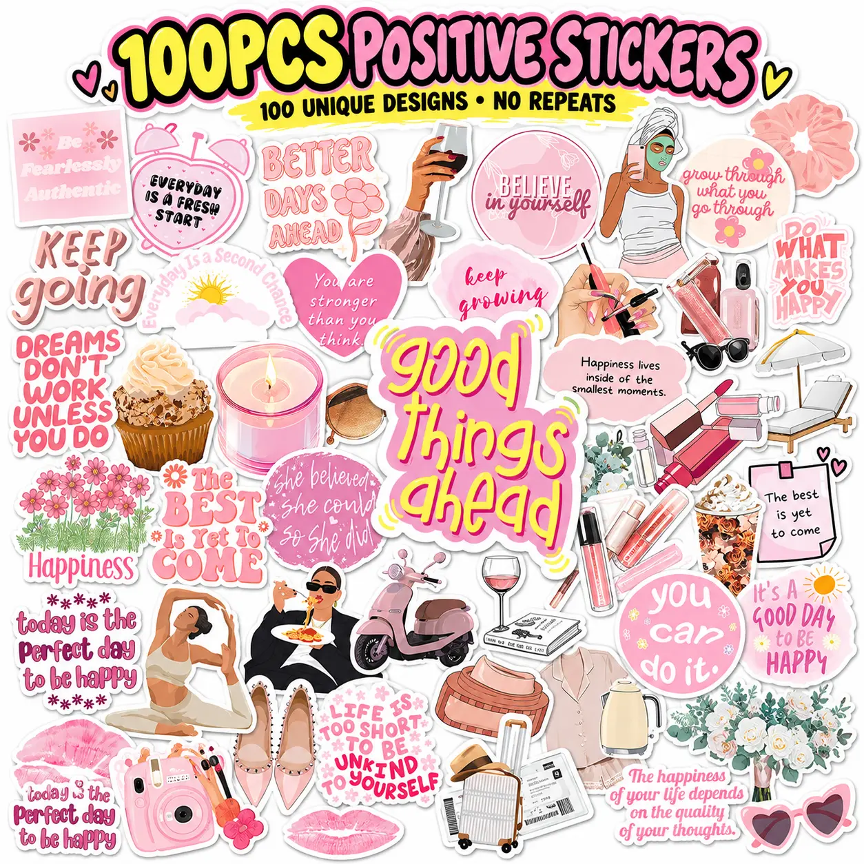 100PCS Cute Pink Motivational Stickers for Women, Positive Quotes & Self Love Stickers for Laptop, Journal, Water Bottle & More