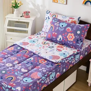 Zipper Bedding Set Twin, Purple Floral Bedding Sets for Girls, Kids Comforter Set with Fitted Sheet Pillowcases, All in One Zipper Bed Set for All Seasons