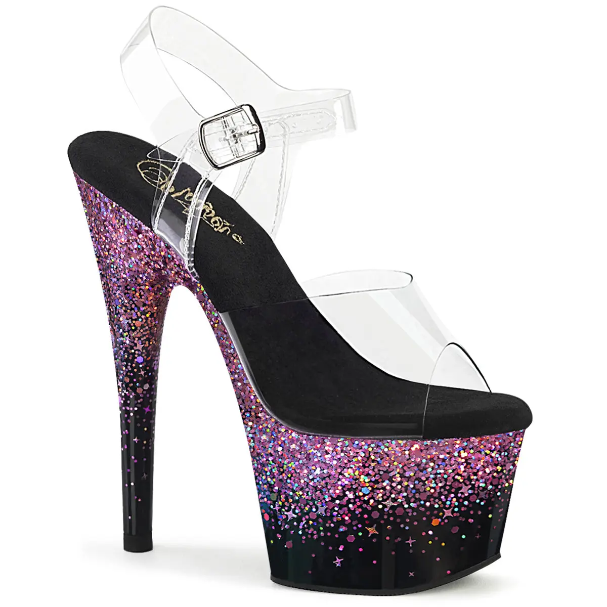 ADORE-708SS 7 Inch Heel Clear Black Purple Glitter Stiletto Sandals with Holographic Gradient Platform for Women's Summer Fashion Casual Footwear