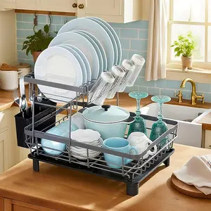 2-Tier Dish Drying Rack - Space Saving & Durable Rust-Proof Stainless Steel Organizer with Cutlery & Cup Holder Drainboard for Kitchen Counter - Black