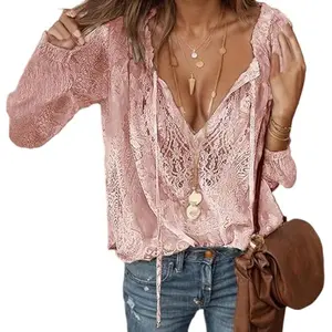 Chvity Lace Tops for Women Long Sleeve Tie Front Tops V Neck Floral Lace Crochet Blouse Shirts Hollow Out Western Shirts