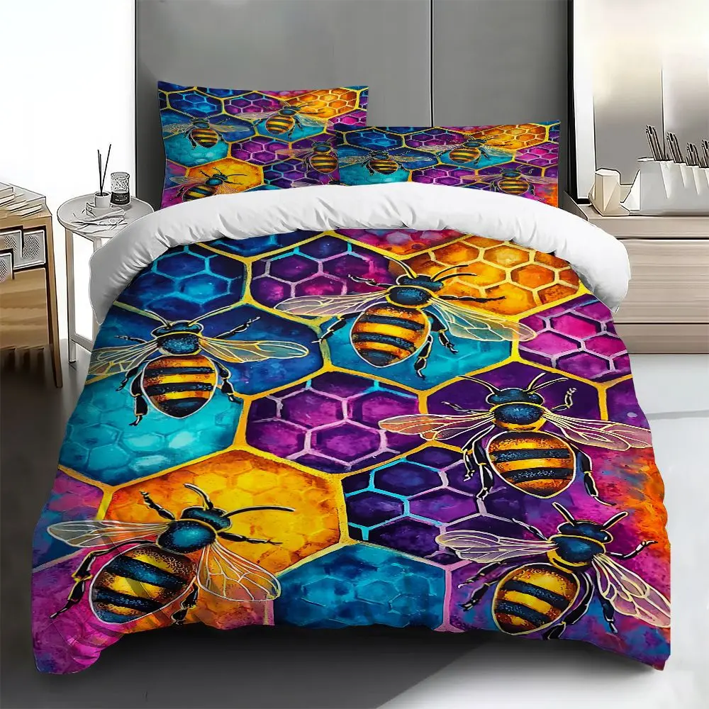 Three-piece bedding set - 2pcs/3pcs 2D Flat colorful bee honeycomb pattern duvet cover set (1 duvet cover + 1/2 pillowcases, no insert), multi-color printed bedding set, soft and comfortable, suitable for family bedrooms and guest rooms.