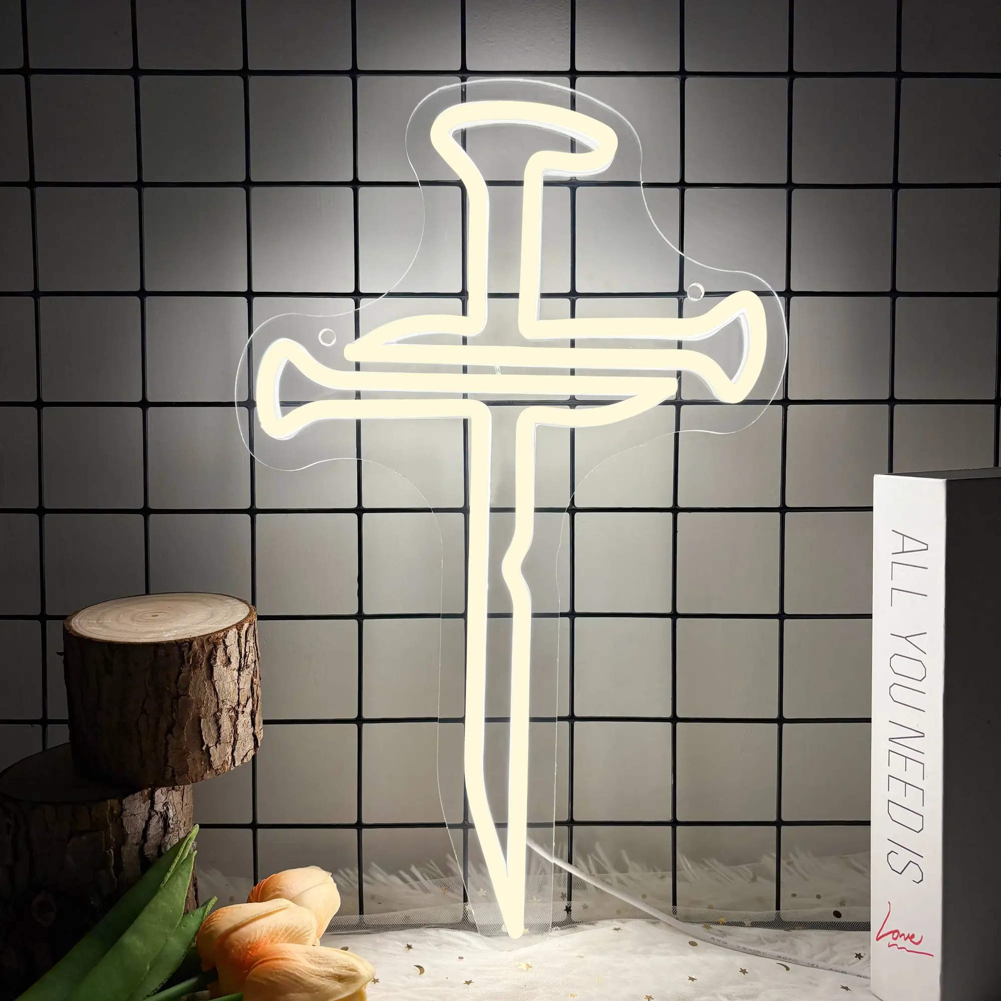 Three Nails Led Cross Neon Sign for Wall Decor,Nails Jesus Cross Led Neon Sign for Home Decoration Room Decor Christian Gifts Religious Events Easter Gifts for Christian Church Room Bedroom Believers Led Neon Lights Decorative Neon Sign