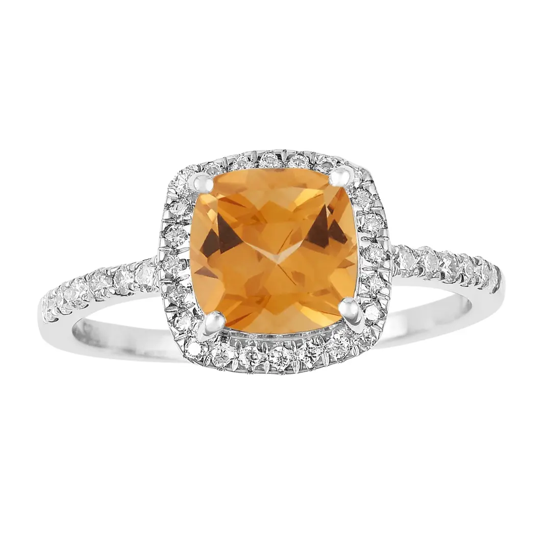 1.67 Ct Cushion Yellow Citrine and Moissanite Prong Silver Halo Cocktail Ring
