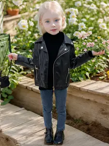 Girls' PU Leather Spring Autumn, Retro Collar Coat, Collared Jacket, Cool and Versatile Outerwear, Fashionable Top