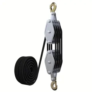 Heavy-Duty Pulley System, 4-Wheel Metal Block & Tackle Pulley System, Adjustable Height Rope, Climbing Rope for Garage, Hunting, Outdoor, Construction, Carpentry, Manufacturing